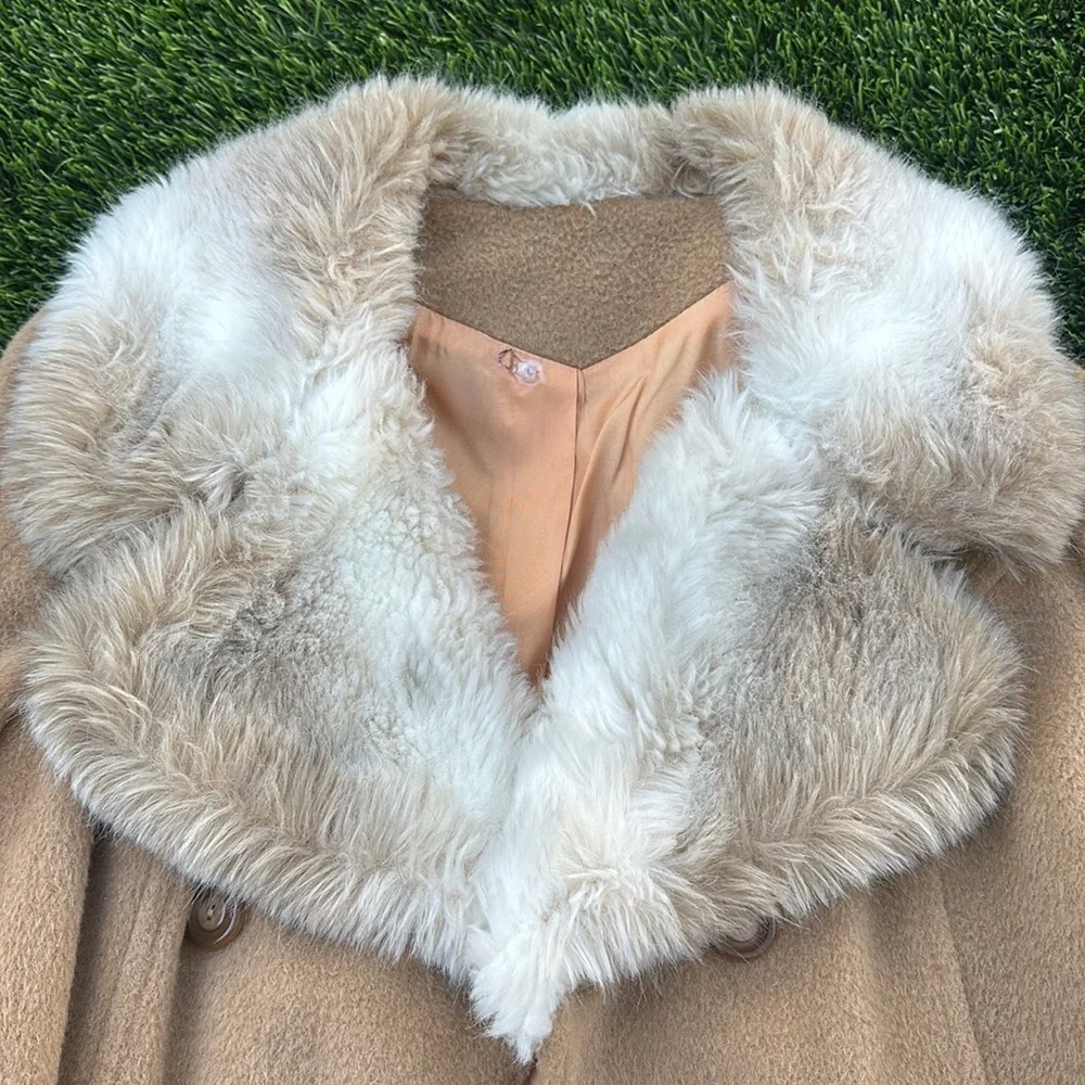 Vintage wool & faux fur collar double-breasted belted coat penny lane style, 14 - Picture 5 of 11